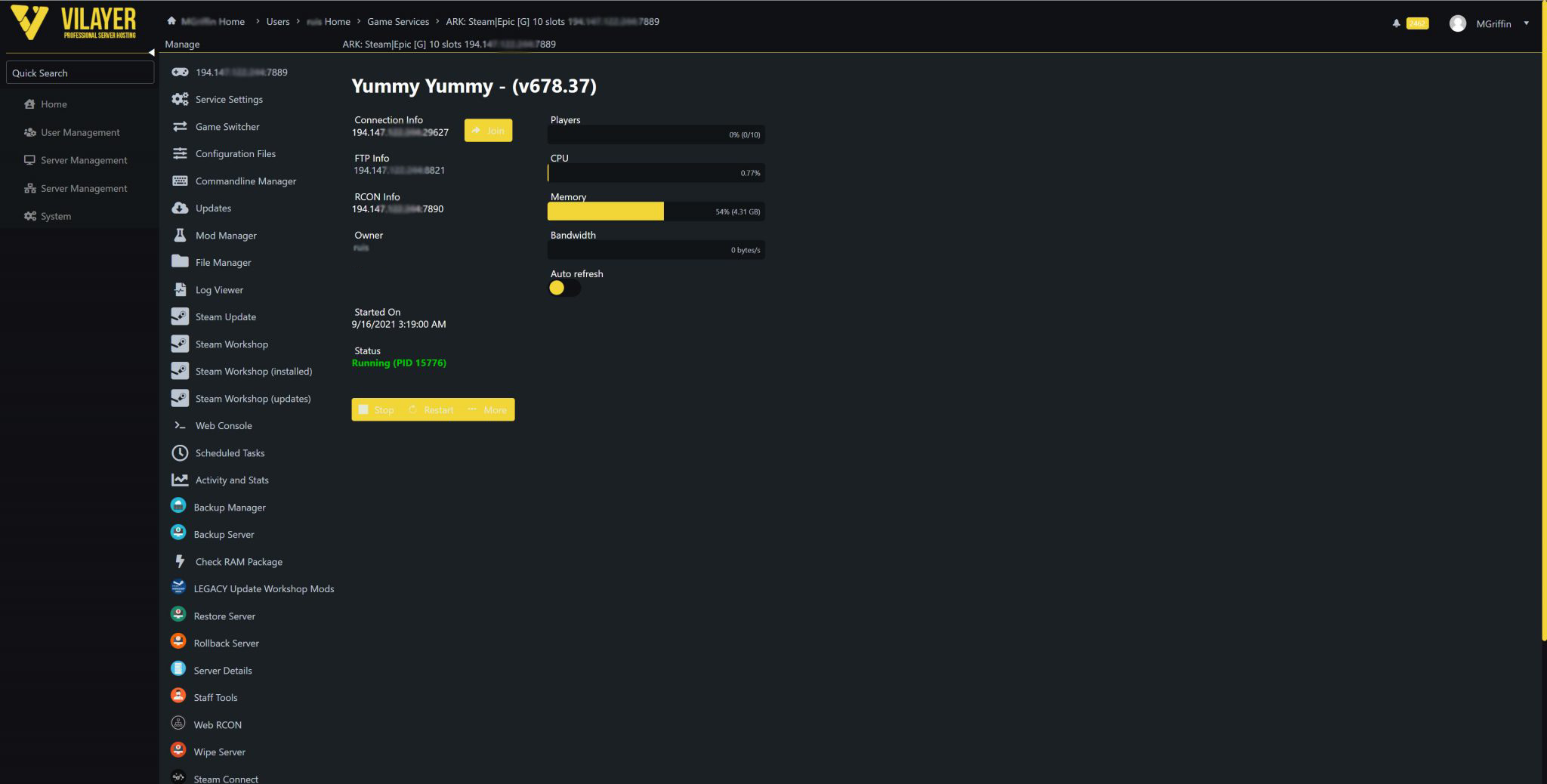 vilayer control panel screenshot